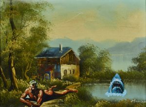 Artist unknown - (Pop Art) Man Sun-baking, Shark in Lake
